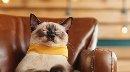 This serene image showcases a sleepy cat wearing a bright yellow bandana, relaxing peacefully on a cozy brown leather chair, creating a calming atmosphere.