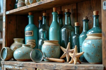 Rustic coastal shelf display with vintage blue bottles and starfish accents