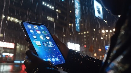 Rainy Night Cityscape: Person Using iPhone in the Downpour