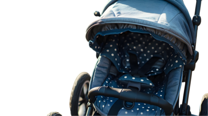 Close up view of a blue baby stroller with white polka dots on the fabric cover