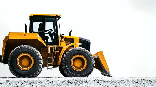 Massive yellow front loader positioned diagonally, detailed view of operator cabin, rugged tires and robust metal structure isolated on white