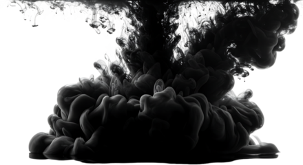 Close-up view of black ink diffusing and spreading, creating complex organic shapes against a neutral background.