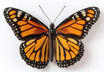 Fototapeta premium Close-up view of a vibrant orange and black butterfly showcasing intricate wing patterns and delicate features on a white background
