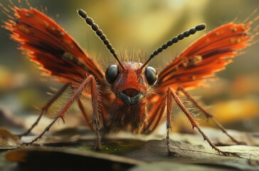 Close-Up View of a Vibrantly Colored Insect with Intricate Details and Lifelike Textures in a Natural Setting Captured in Soft Focus