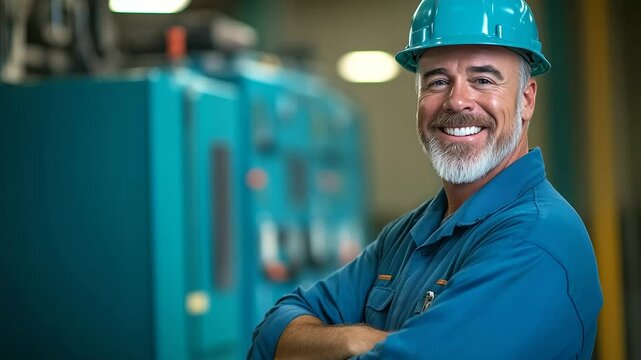 Mature male engineer, wearing a blue work uniform and hardhat, smiles while standing in front of a large industrial generator, showcasing his expertise in electrical maintenance