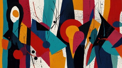 Hand-drawn abstract graphic figures in bold colors, irregular shapes, ink textures, expressive strokes, avant-garde artistic style
