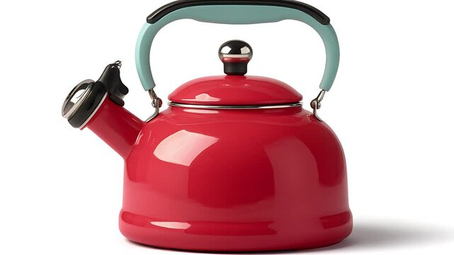 Red Enamel Tea Kettle: A vibrant red enamel tea kettle with a teal handle and knob sits ready to boil water for a comforting cup of tea.