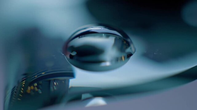 Captivating water droplet reflections in futuristic microelectronic landscape close-up
