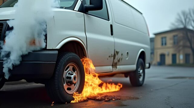 Damaged White Car with Flat Tire and Smoke After Fire