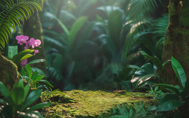 A mossy forest floor within a tropical garden. Lush green foliage, including giant ferns and orchids, paradise