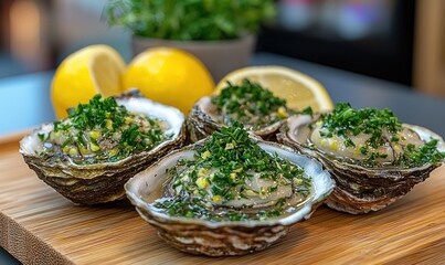 Fresh oysters on the half shell, garnished with herbs and lemon wedges, served on a wooden board