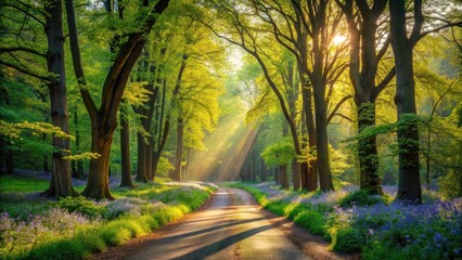 Obraz premium Sunlit Pathway Through Springtime Woodland, Bathed in Golden Light and Flanked by Vibrant Blossoms