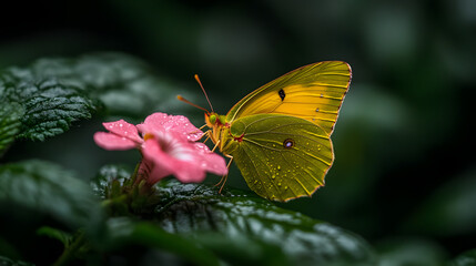 A butterfly with yellow wings feeding on a pink geranium, surrounded by lush green foliage.
