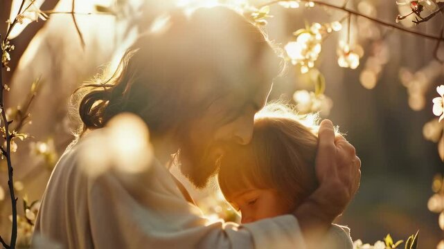 Jesus Christ Blesses and Hugging a Child. Gospel Preaching. For Christian Religious Church Publications