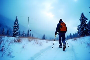 A hiker with a broken leg sending an emergency signal from a snow-buried trail as storm clouds gather.
