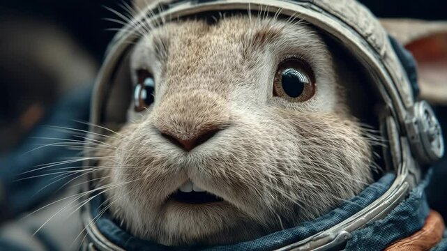 A surprised bunny rabbit in a detailed astronaut helmet, floating in a sci-fi space environment. Perfect for storytelling, animation, or space-themed content with a touch of cuteness and wonder.