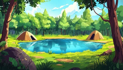 Peaceful forest campsite by a lake. Lush green trees surround a tranquil pond. Two beige tents are pitched