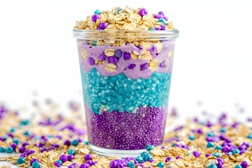 Colorful Layered Dessert with Yogurt, Oats, and Sprinkles in a Glass