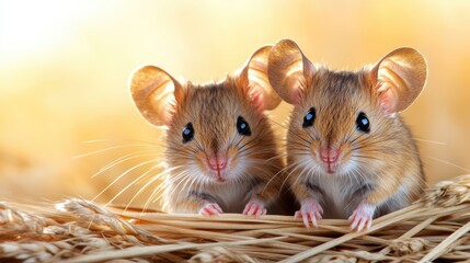 This delightful close-up image features two adorable mice snuggled among soft golden wheat stalks, showcasing the charm of wildlife and the beauty of natural habitats.