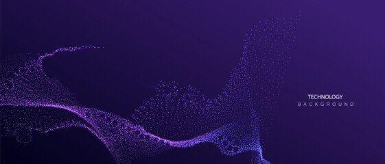 Technology Artificial Intelligence particles banner. Big ai data stream waves neon purple and blue background. Futuristic network connect vector blurred design.