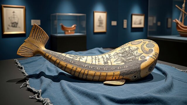 Whalebone scrimshaw artwork displayed in maritime museum exhibit