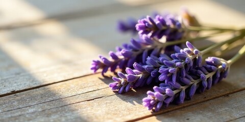 Fototapeta premium Aromatic Lavender Blossoms on Rustic Wooden Surface Bathed in Sunlight's Gentle Embrace