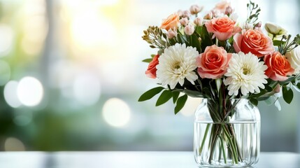 Fototapeta premium A beautifully arranged bouquet of flowers is showcased in a clear glass vase, exemplifying elegance and a touch of nature's beauty in indoor decor.