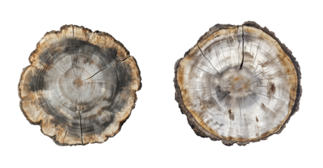 Aged Tree Trunk Cross Sections Showing Growth Rings and Natural Cracks isolated on white or transparent background