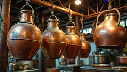 Rustic copper brewing vessels in traditional brewery kitchen setting