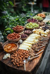 Obraz premium Colorful and Diverse Cheese Platter with Fruits, Nuts, and Condiments on Rustic Wooden Table Surrounded by Lush Greenery