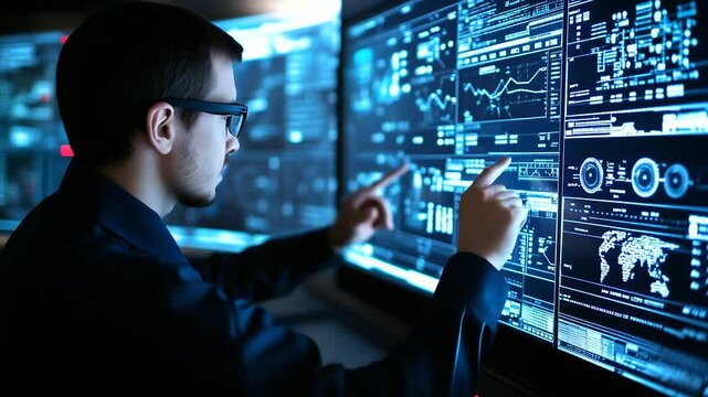 SCADA system operator in a control room, using touchscreen interface to adjust settings and analyze production efficiency across several digital dashboards