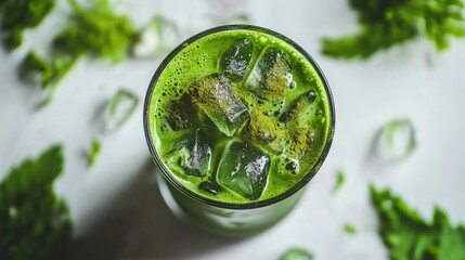 Refreshing Green Smoothie with Ice and Fresh Herbs in Glass