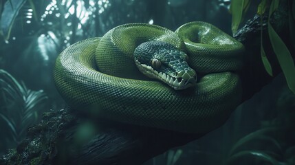 Fototapeta premium Lush Jungle Setting with a Coiled Green Snake Relaxing on a Branch