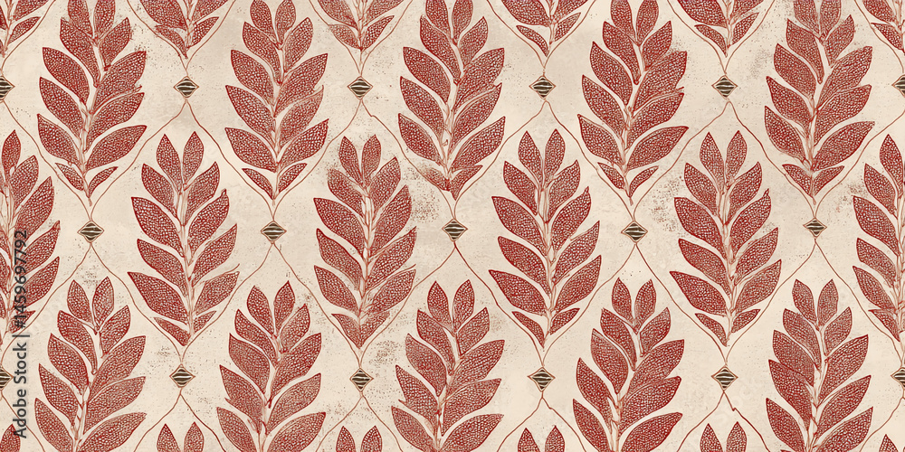Poster red leaf pattern on beige background, textured and detailed, showing a repeating ornate design, suit
