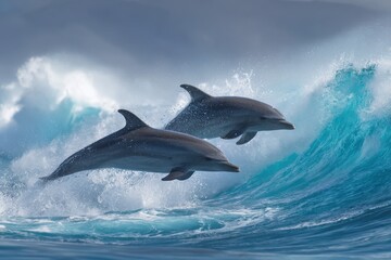 Fototapeta premium Two dolphins leap joyfully over a wave. Ocean wildlife.