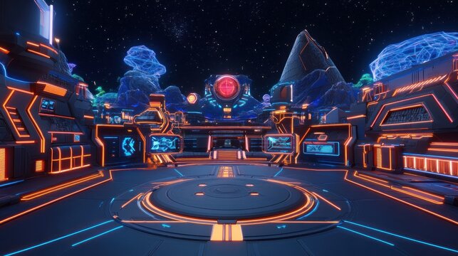 Neon futuristic interior on alien planet