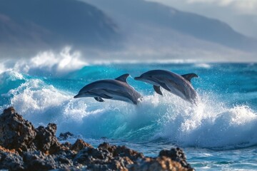 Obraz premium Two dolphins leap playfully over a wave, showcasing the beauty of the ocean.