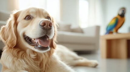 A joyful golden retriever, with a beaming expression, relaxes in a cozy home setting while a parrot animatedly sits nearby, showcasing companionship and joy in domestic life.