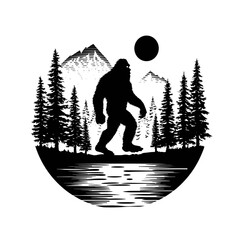 Bigfoot silhouette walking in forest with mountains and sun, circular composition in black and white
