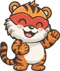 Naklejka premium Playful cartoon tiger in red superhero mask, fists up and smiling with excitement