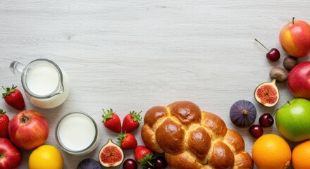 Challah bread, fruit, and milk are arranged on a light wooden surface