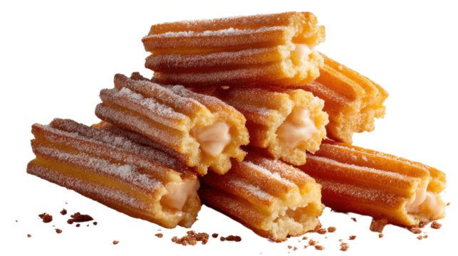 Churros Delight: A tempting close-up of several golden-brown churros, with delightful creamy filling sprinkled with sugar and cinnamon. Perfectly cooked for a satisfying treat.