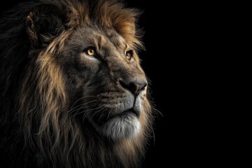 Fototapeta premium Majestic lion portrait against a black background. Powerful, regal, and intense.