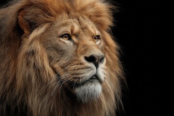 Fototapeta premium Majestic male lion portrait against a black background. Powerful and serene.