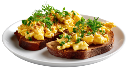 Scrambled Eggs Toast: A culinary delight, fluffy scrambled eggs, generously sprinkled with fresh chives and vibrant dill, sit atop two slices of toasted bread, offering a delightful blend of flavors.
