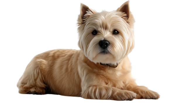 Cairn Terrier Resting: A charming cairn terrier, with its characteristic scruffy coat and alert expression, lounges in a relaxed pose, exuding a sense of gentle companionship.