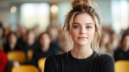 A confident young woman wearing a black sweater smiles warmly in a bright classroom, conveying a sense of self-assuredness and comfort among her peers.