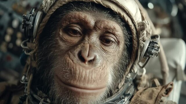 A contemplative monkey astronaut in a space helmet, resting inside a spacecraft. The scene captures a quiet, introspective moment in outer space, evoking emotion and futuristic exploration.