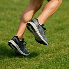 Image of human feet in sportshoes running down grass
