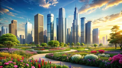 Fototapeta premium Urban Oasis Serene Garden Path Winding Through Vibrant Blooms Against a Skyline of Modern Skyscrapers at Sunset